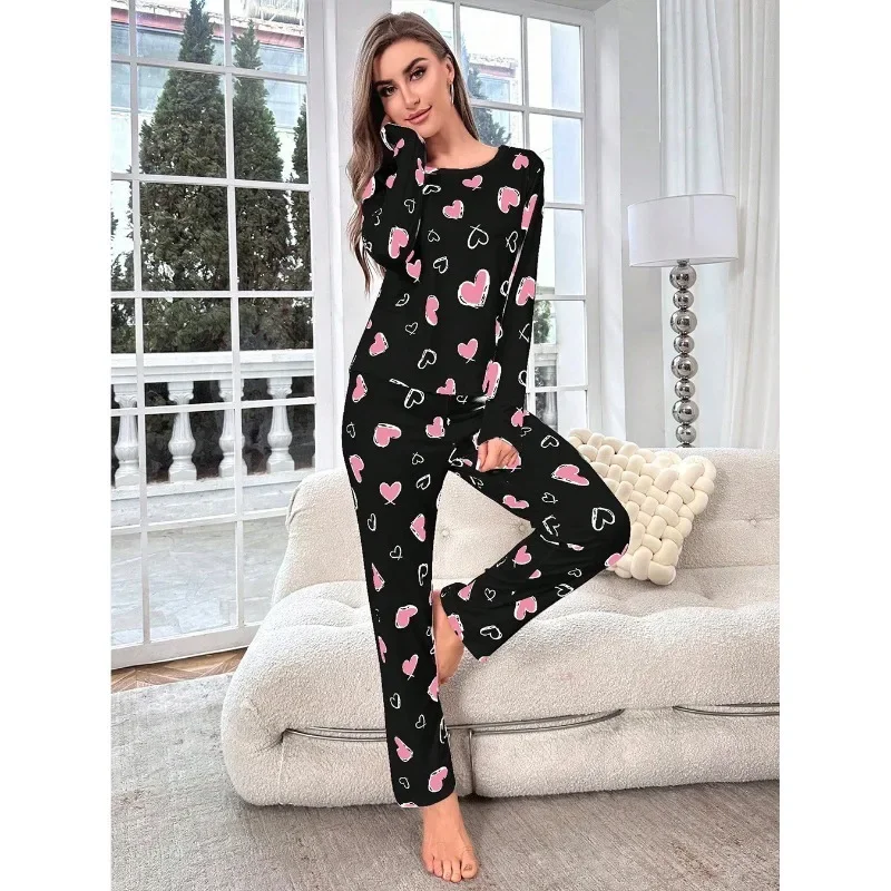Sleepwear Women's Black Love Print Long Sleeve Trousers Student Loungewear Pajama Set Girl O-Neck Fashion Soft Casual Nightwear - Image 2