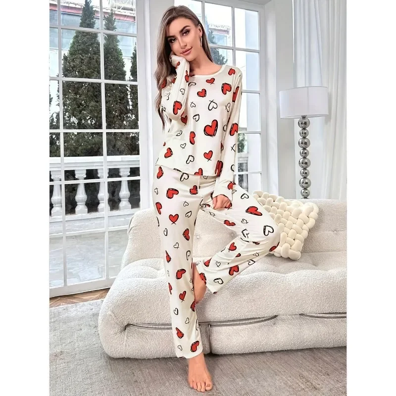 Sleepwear Women's Black Love Print Long Sleeve Trousers Student Loungewear Pajama Set Girl O-Neck Fashion Soft Casual Nightwear - Image 4