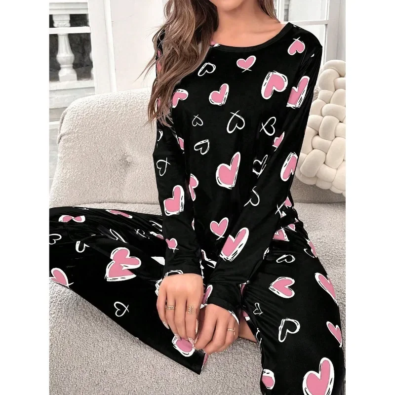 Sleepwear Women's Black Love Print Long Sleeve Trousers Student Loungewear Pajama Set Girl O-Neck Fashion Soft Casual Nightwear - Image 3