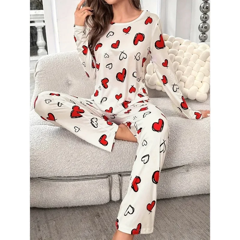 Sleepwear Women's Black Love Print Long Sleeve Trousers Student Loungewear Pajama Set Girl O-Neck Fashion Soft Casual Nightwear - Image 5
