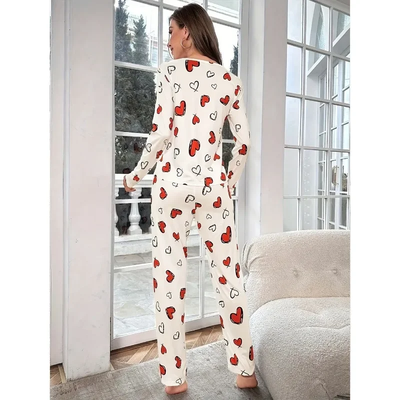 Sleepwear Women's Black Love Print Long Sleeve Trousers Student Loungewear Pajama Set Girl O-Neck Fashion Soft Casual Nightwear - Image 6