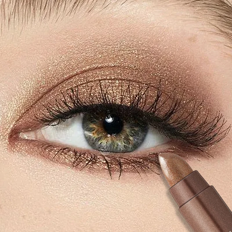 Smudge-Proof Waterproof Pearlescent Eyeshadow Stick Dual-Ended High-Gloss Eye Shadow Stick with Sponge Brush Glitter Eye Makeup