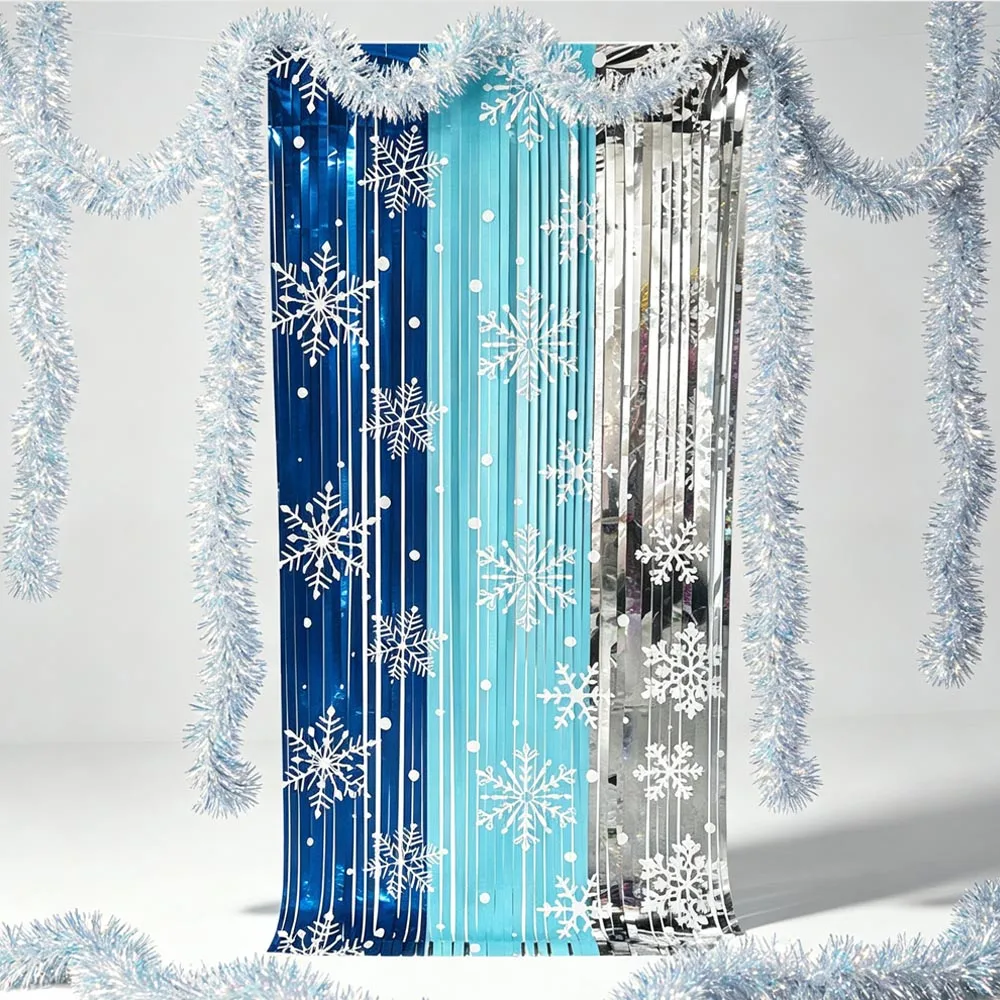 Snowflake Foil Fringe Curtain Tinsel Garland Blue Silver Winter Frozen Theme Party Photo Backdrop Xmas New Year Hanging Decors