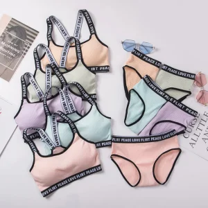 Soft Stripe Cotton Women's Underwear Set Sexy Beauty Back Tops Letter Print Shoulder strap Bralette With Panties 2-pieces Suit