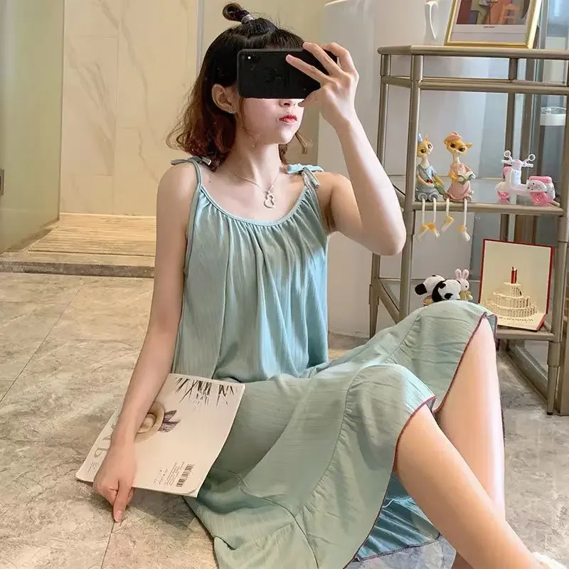 Soft Women Fashion Nightgown Pajama Girls Casual Loose Spaghetti Strap Solid Color Loungewear Dress Lady Loose Nightdress Pajama - Image 5