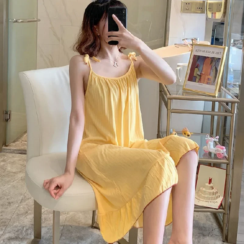 Soft Women Fashion Nightgown Pajama Girls Casual Loose Spaghetti Strap Solid Color Loungewear Dress Lady Loose Nightdress Pajama - Image 3