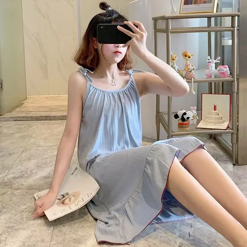 Soft Women Fashion Nightgown Pajama Girls Casual Loose Spaghetti Strap Solid Color Loungewear Dress Lady Loose Nightdress Pajama - Image 6