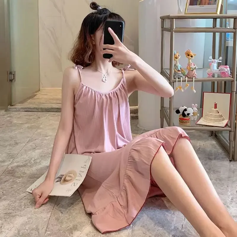 Soft Women Fashion Nightgown Pajama Girls Casual Loose Spaghetti Strap Solid Color Loungewear Dress Lady Loose Nightdress Pajama - Image 4