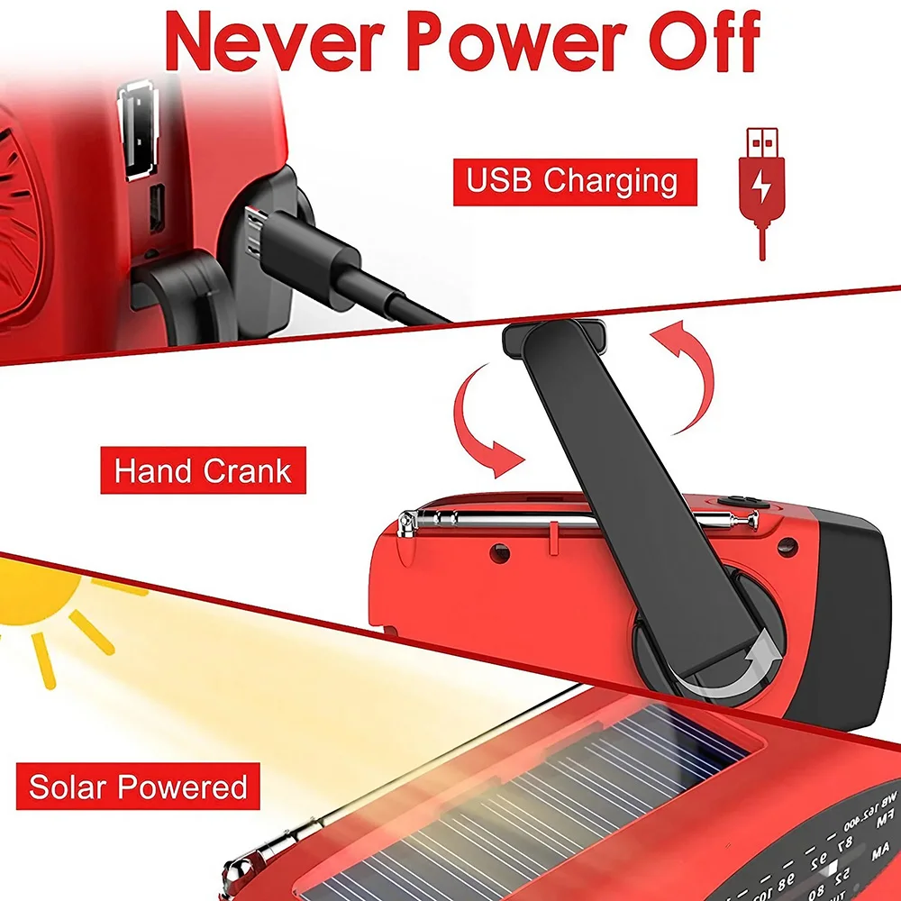 Solar Hand Crank Powered Camping Light with AM/FM Radio Outdoor 2000mAh USB Charging Multifunctional Hand Dynamo LED Flashlight - Image 6