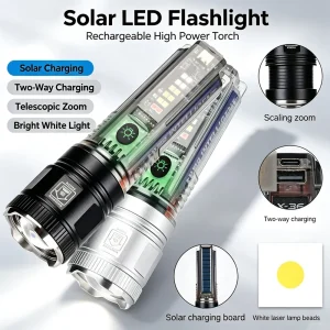 Solar Powered Hand Torch High Power LED Flashlight With Side Light USB Rechargeable Strong Lantern For Outdoor Camping Spotlight