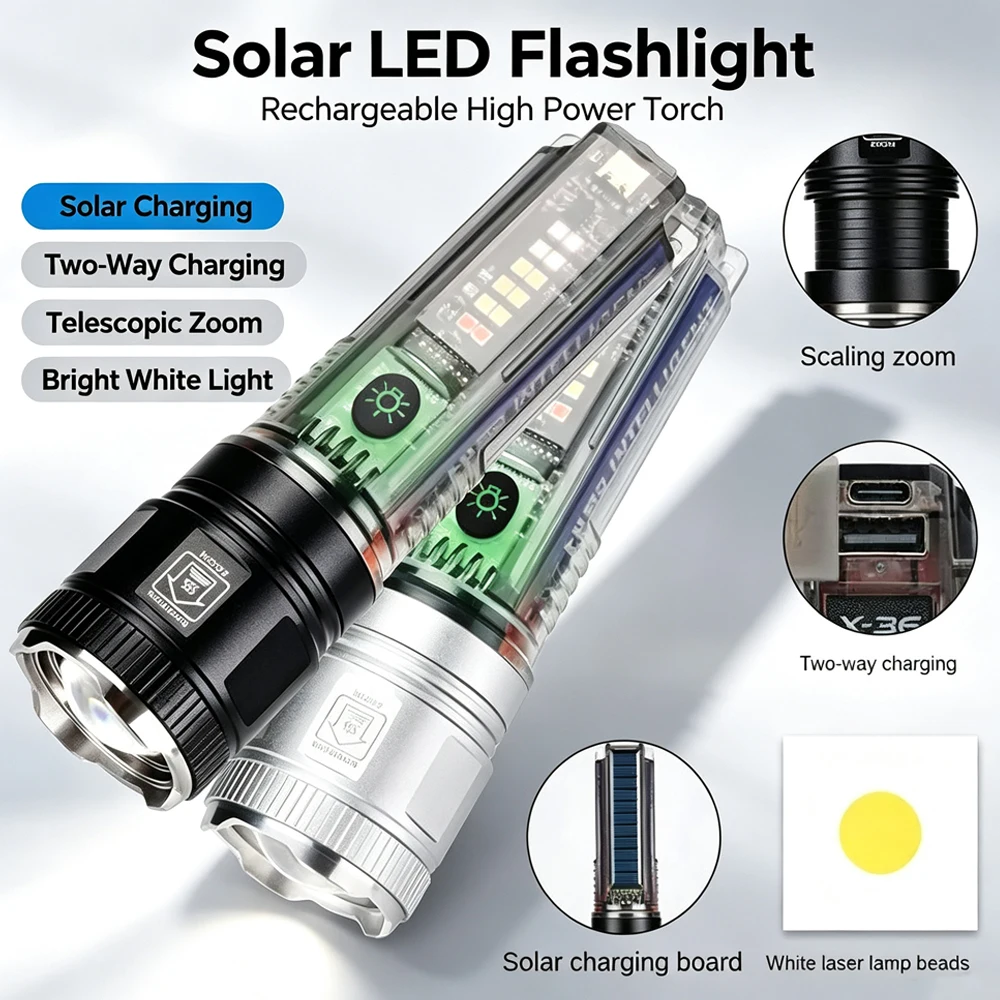 Solar Powered Hand Torch High Power LED Flashlight With Side Light USB Rechargeable Strong Lantern For Outdoor Camping Spotlight
