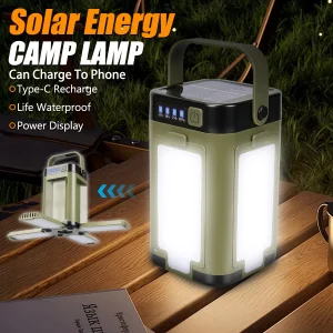 Solar Rechargeable LED Camping Lamp 4 Leaf Foldable Tent Lamp Warm Fire Atmosphere Lamp Outdoor Emergency Lighting Torch Lantern