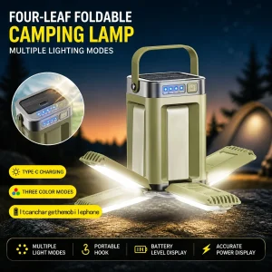 Solar Rechargeable LED Camping Lamp 4 Leaf Foldable Tent Lamp Warm Fire Atmosphere Lamp Outdoor Emergency Lighting Torch Lantern