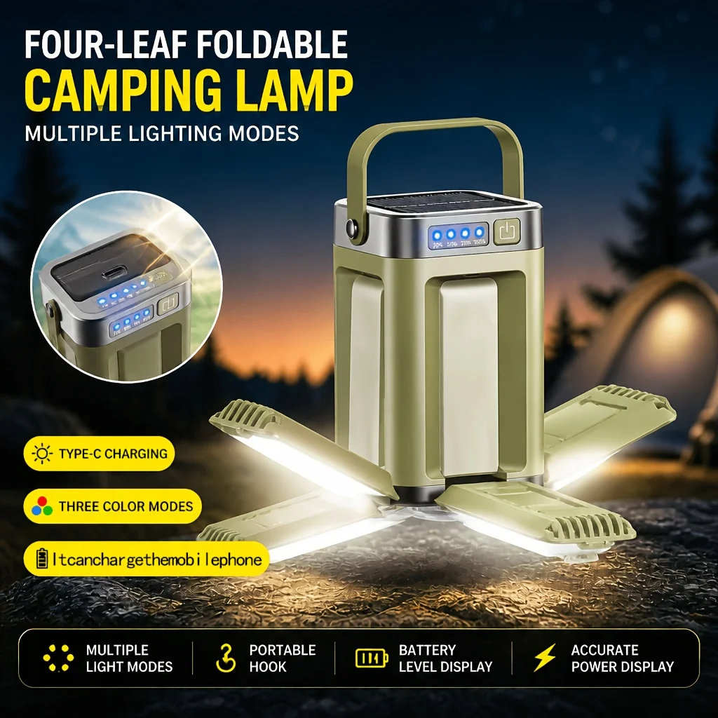 Solar Rechargeable LED Camping Lamp 4 Leaf Foldable Tent Lamp Warm Fire Atmosphere Lamp Outdoor Emergency Lighting Torch Lantern