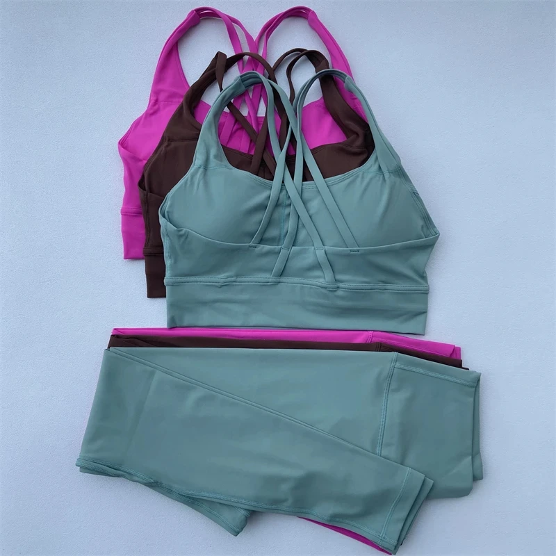Solid Color Gym Fitness Set Tight Soft cross Fitness Bra 2pc compression High Waist Yoga Legging Suit Comprehensive Training Jog - Image 2