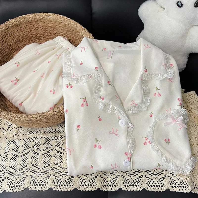 Spring Autumn Girls Loungewear Pajama Set Woman Ladies Bowknot Lace Trim Long Sleeves Warm Soft Home Wear Loose Fit Women Casual - Image 5