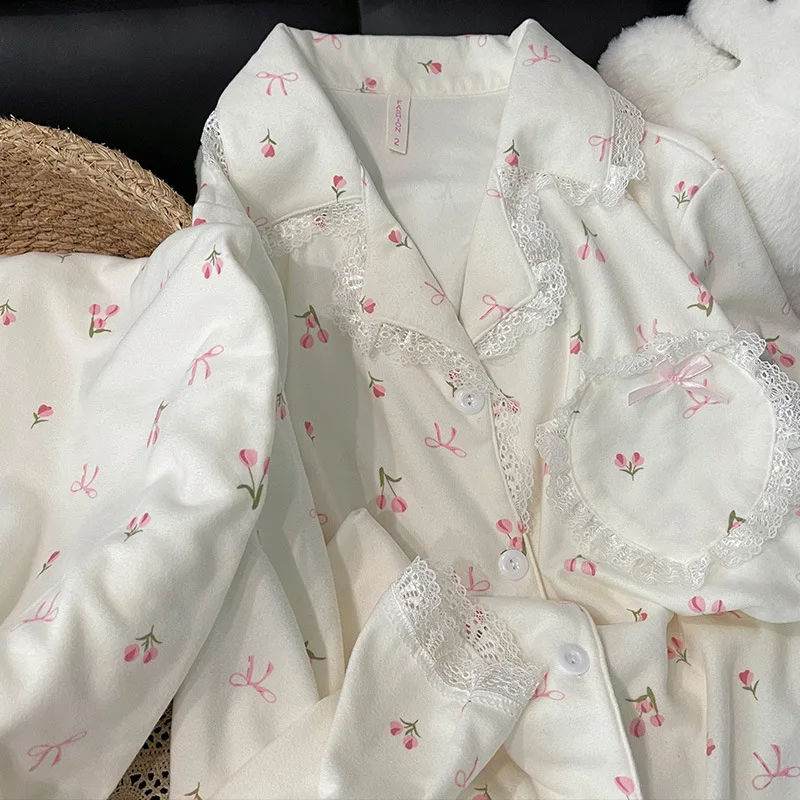 Spring Autumn Girls Loungewear Pajama Set Woman Ladies Bowknot Lace Trim Long Sleeves Warm Soft Home Wear Loose Fit Women Casual - Image 3