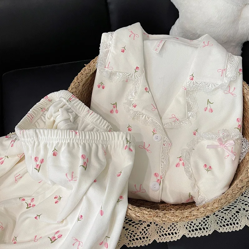 Spring Autumn Girls Loungewear Pajama Set Woman Ladies Bowknot Lace Trim Long Sleeves Warm Soft Home Wear Loose Fit Women Casual - Image 6