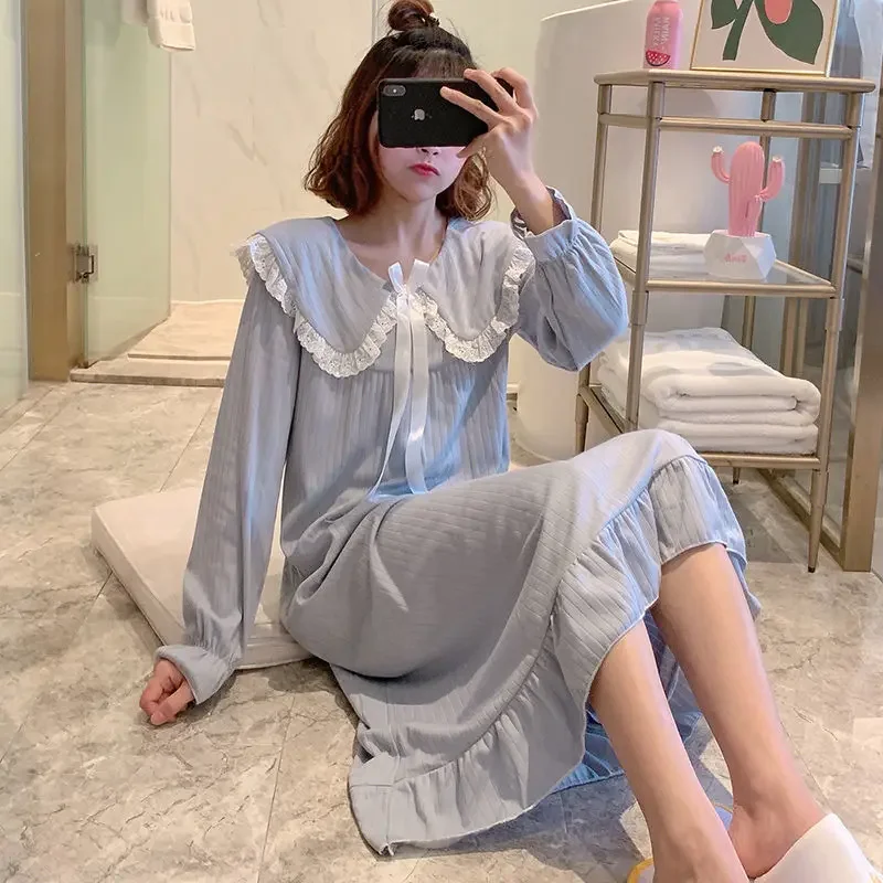 Spring Autumn Women Princess Style Sweet Nightgown Girls Cute Floral Chest Pad Sleepshirts Lady Casual Long Sleeve Dress Pajama - Image 2