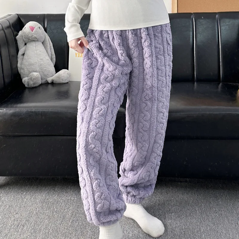 Stretchy Plus Size Women Coral Fleece Sleep Pants Warm Thickened Soft Plush Non Shedding Pajama Bottoms Cozy Comfy Loungewear - Image 4