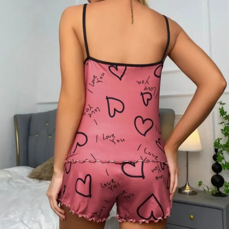 Summer Casual Pajama Set for Women's Loungewear Sleepwear Red Heart Print Round Neck Ice Silk Top T-Shirt and Shorts Sets - Image 2