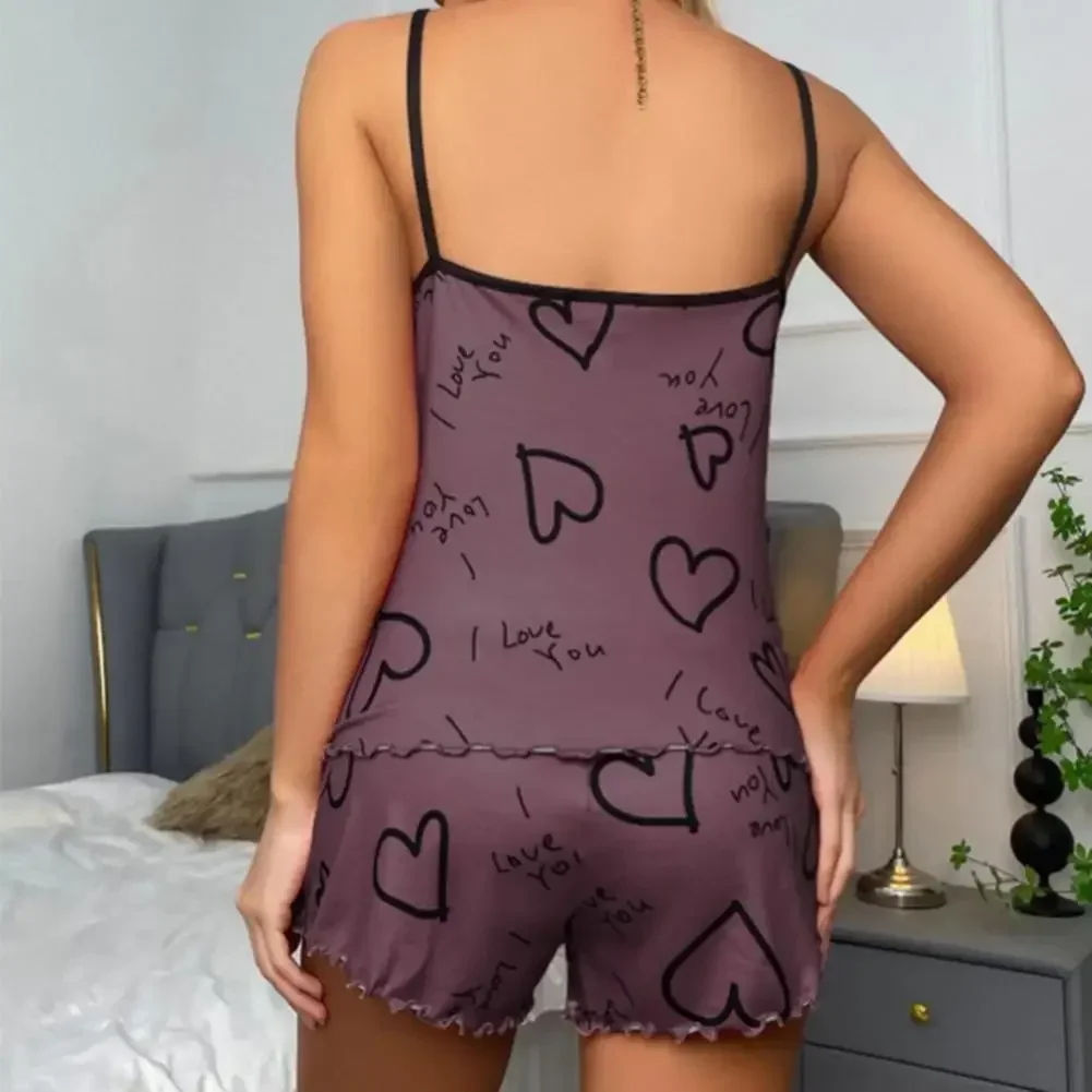Summer Casual Pajama Set for Women's Loungewear Sleepwear Red Heart Print Round Neck Ice Silk Top T-Shirt and Shorts Sets - Image 5