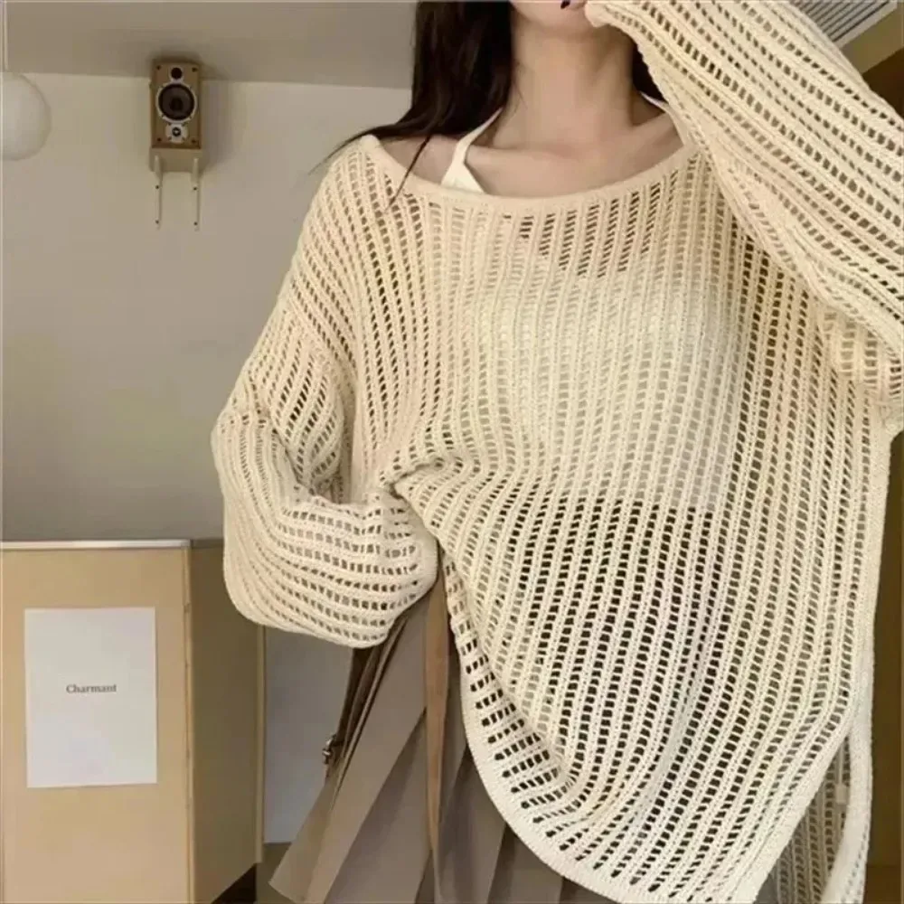 Summer Lazy Style Women's Knitted Sweaters Lady Hollow Out Mesh Thin Pullover See Through Look Long Sleeve Loose Tops Smock - Image 2