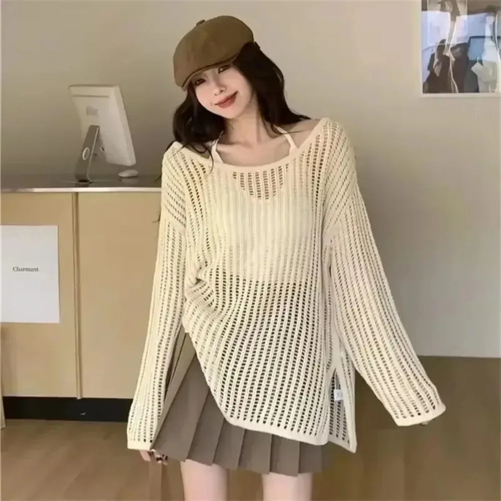 Summer Lazy Style Women's Knitted Sweaters Lady Hollow Out Mesh Thin Pullover See Through Look Long Sleeve Loose Tops Smock - Image 3