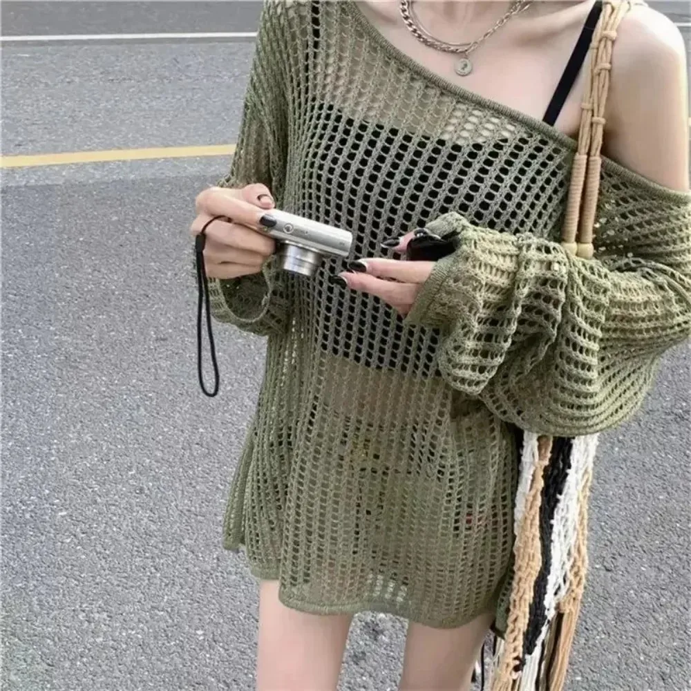 Summer Lazy Style Women's Knitted Sweaters Lady Hollow Out Mesh Thin Pullover See Through Look Long Sleeve Loose Tops Smock - Image 4