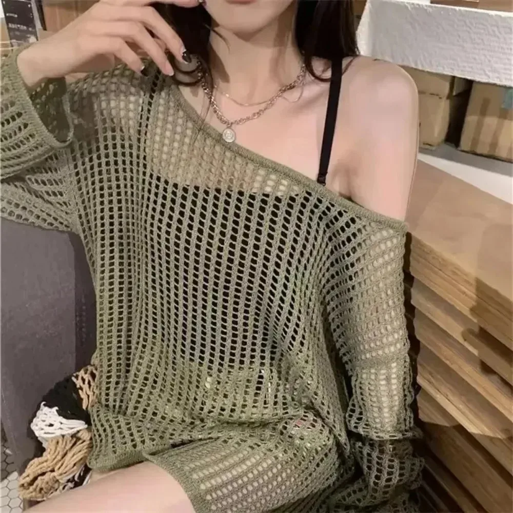 Summer Lazy Style Women's Knitted Sweaters Lady Hollow Out Mesh Thin Pullover See Through Look Long Sleeve Loose Tops Smock