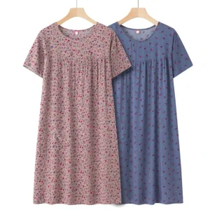 Summer Middle-Aged and Elderly Cotton Silk Short-Sleeved Nightgown Women's Pajamas Homewear Thin Section Loose Homewear Dresses