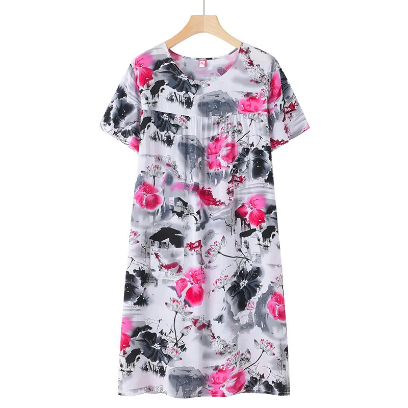 Summer Middle-Aged and Elderly Cotton Silk Short-Sleeved Nightgown Women's Pajamas Homewear Thin Section Loose Homewear Dresses - Image 6