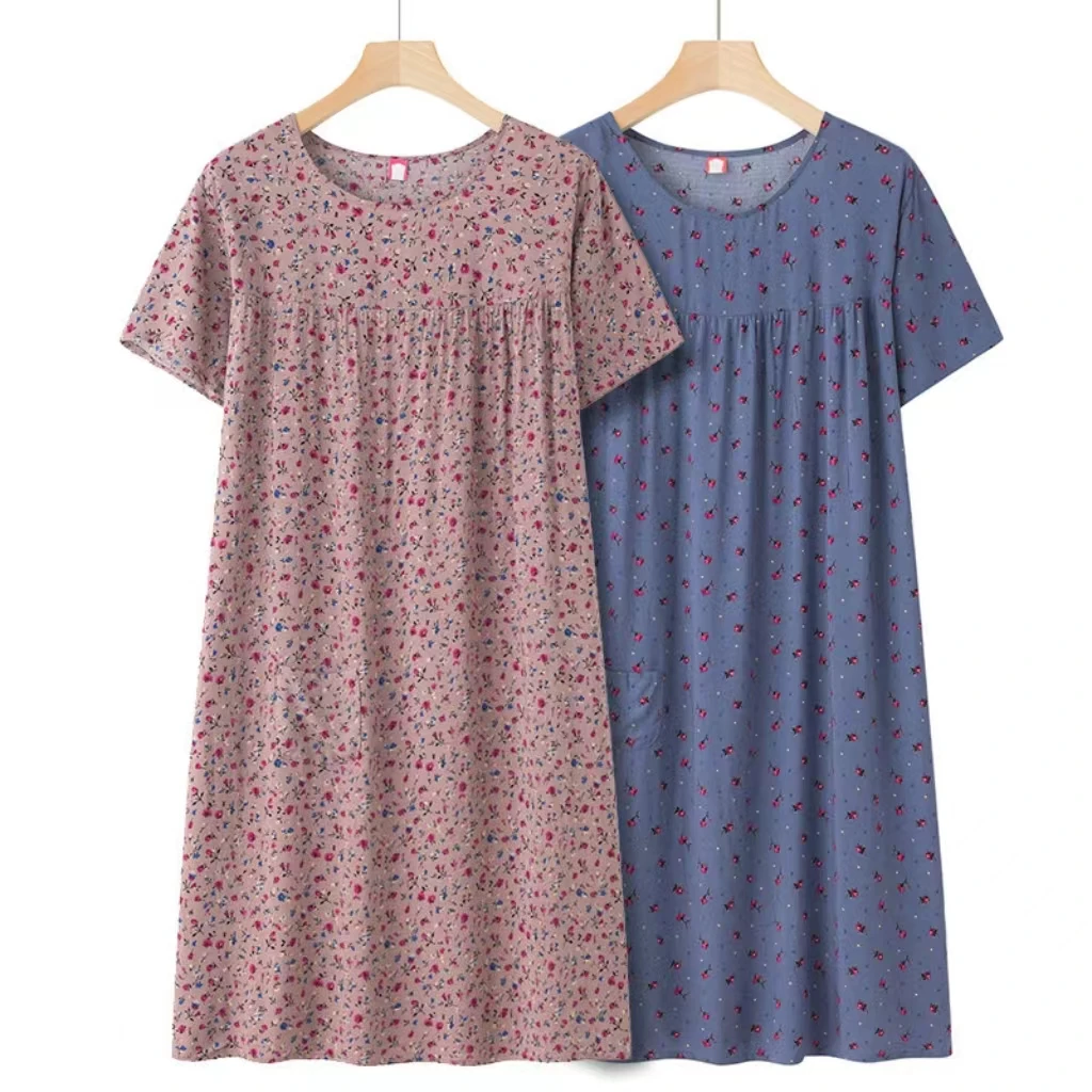 Summer Middle-Aged and Elderly Cotton Silk Short-Sleeved Nightgown Women's Pajamas Homewear Thin Section Loose Homewear Dresses
