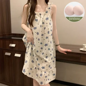 Summer New plus Size Women's Sleepwear with Chest Pad Strap Long Dress Style Home Clothes Knot Sweet Style Pure Color