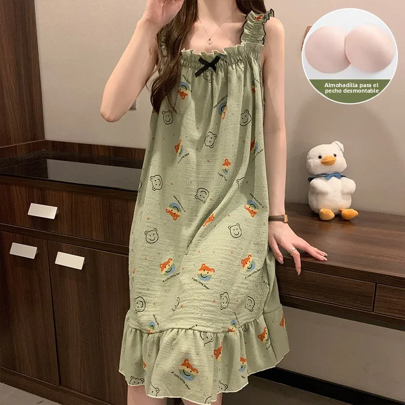 Summer New plus Size Women's Sleepwear with Chest Pad Strap Long Dress Style Home Clothes Knot Sweet Style Pure Color - Image 5