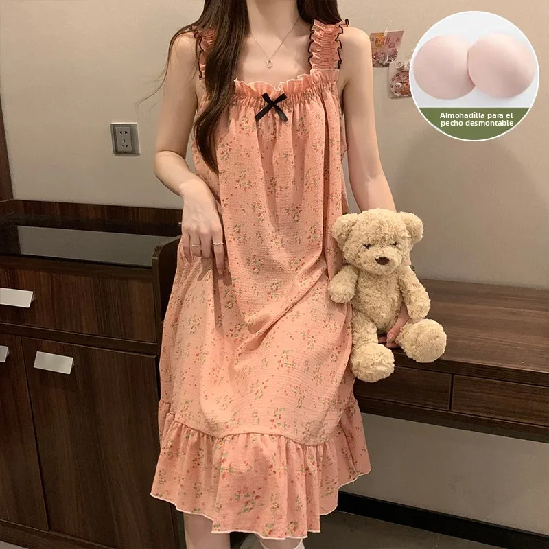 Summer New plus Size Women's Sleepwear with Chest Pad Strap Long Dress Style Home Clothes Knot Sweet Style Pure Color - Image 3