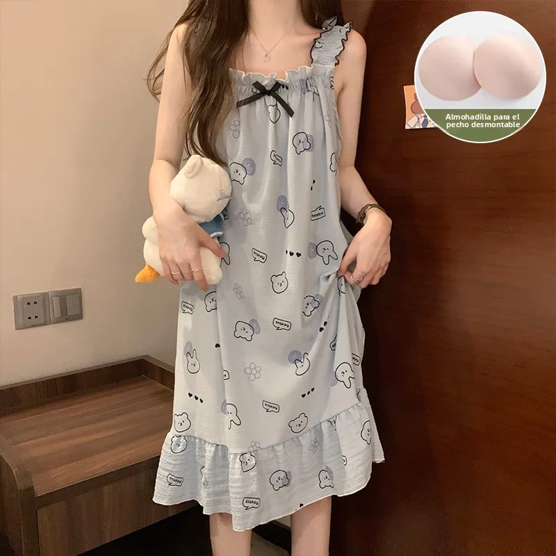 Summer New plus Size Women's Sleepwear with Chest Pad Strap Long Dress Style Home Clothes Knot Sweet Style Pure Color - Image 4