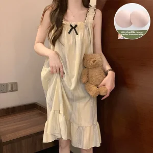 Summer New plus Size Women's Sleepwear with Chest Pad Strap Long Dress Style Home Clothes Knot Sweet Style Pure Color