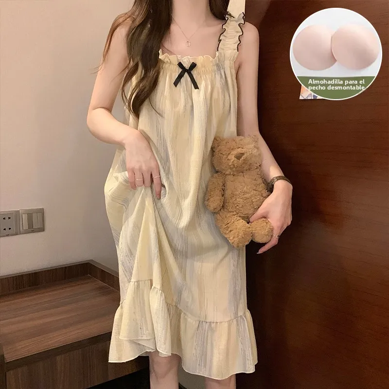 Summer New plus Size Women's Sleepwear with Chest Pad Strap Long Dress Style Home Clothes Knot Sweet Style Pure Color