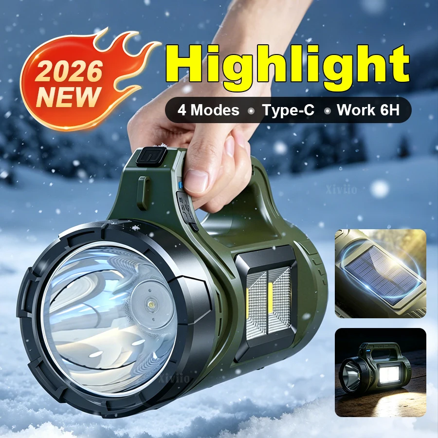 Super Bright LED Flashlight Handheld Searchlight Solar Type‑C Rechargeable COB Working Light Torch For Camping Hiking Emergency