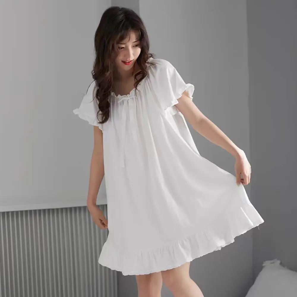 Sweet Bowknot Women's Pajama Dress Loose Short Sleeve Ruffle Nightdress Home Wear Sleepwear Princess Nightgown Girls - Image 4
