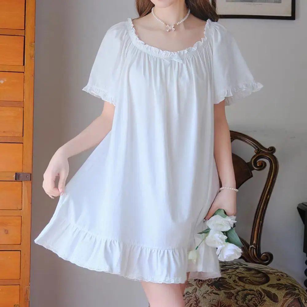 Sweet Bowknot Women's Pajama Dress Loose Short Sleeve Ruffle Nightdress Home Wear Sleepwear Princess Nightgown Girls - Image 2