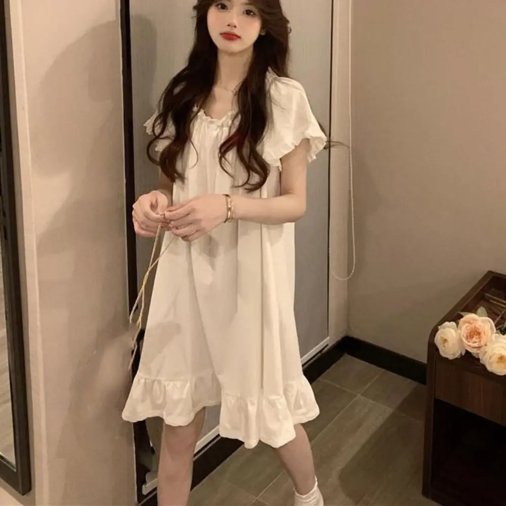 Sweet Bowknot Women's Pajama Dress Loose Short Sleeve Ruffle Nightdress Home Wear Sleepwear Princess Nightgown Girls - Image 3