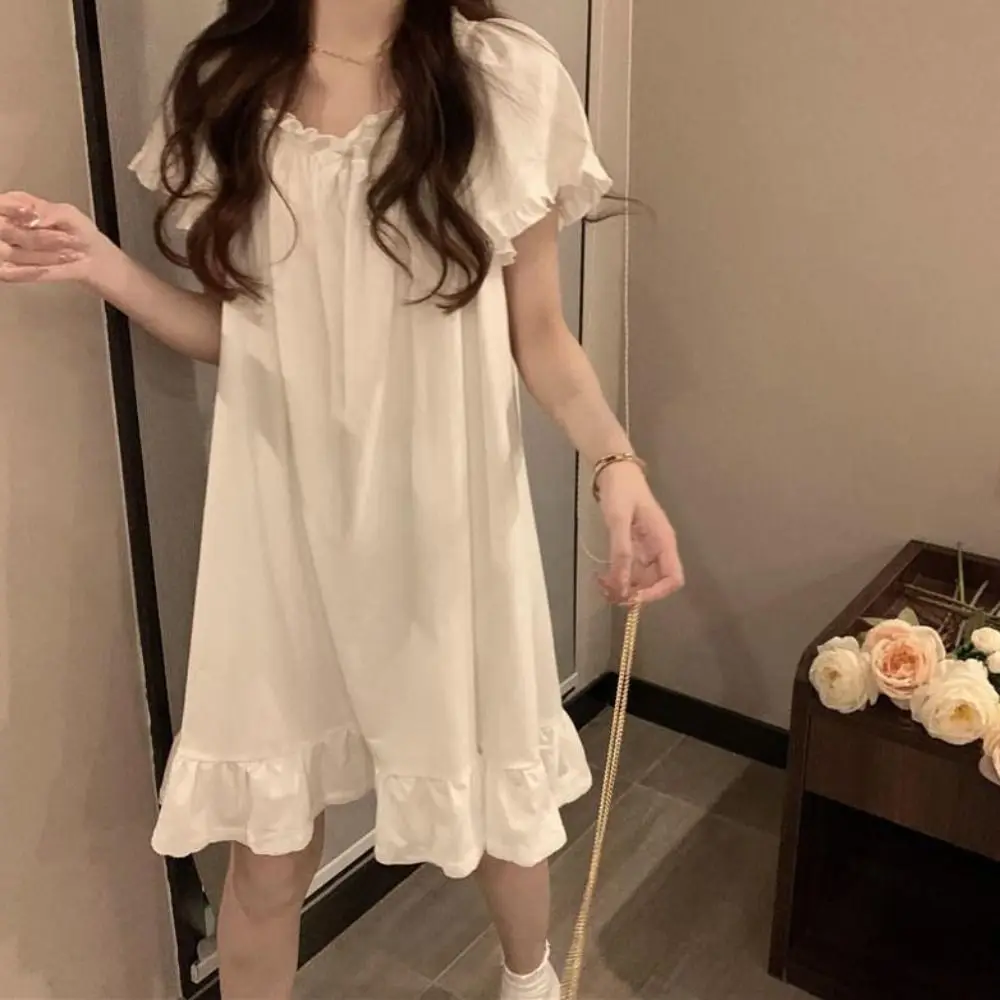 Sweet Bowknot Women's Pajama Dress Loose Short Sleeve Ruffle Nightdress Home Wear Sleepwear Princess Nightgown Girls - Image 5