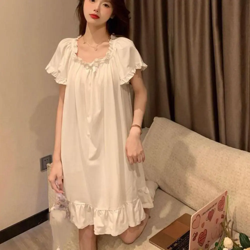 Sweet Bowknot Women's Pajama Dress Loose Short Sleeve Ruffle Nightdress Home Wear Sleepwear Princess Nightgown Girls - Image 5