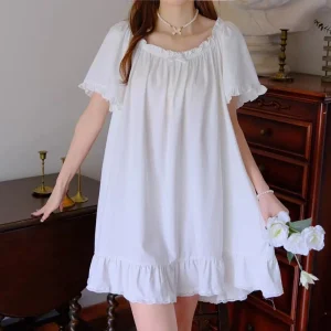 Sweet Bowknot Women's Pajama Dress Loose Short Sleeve Ruffle Nightdress Home Wear Sleepwear Princess Nightgown Girls