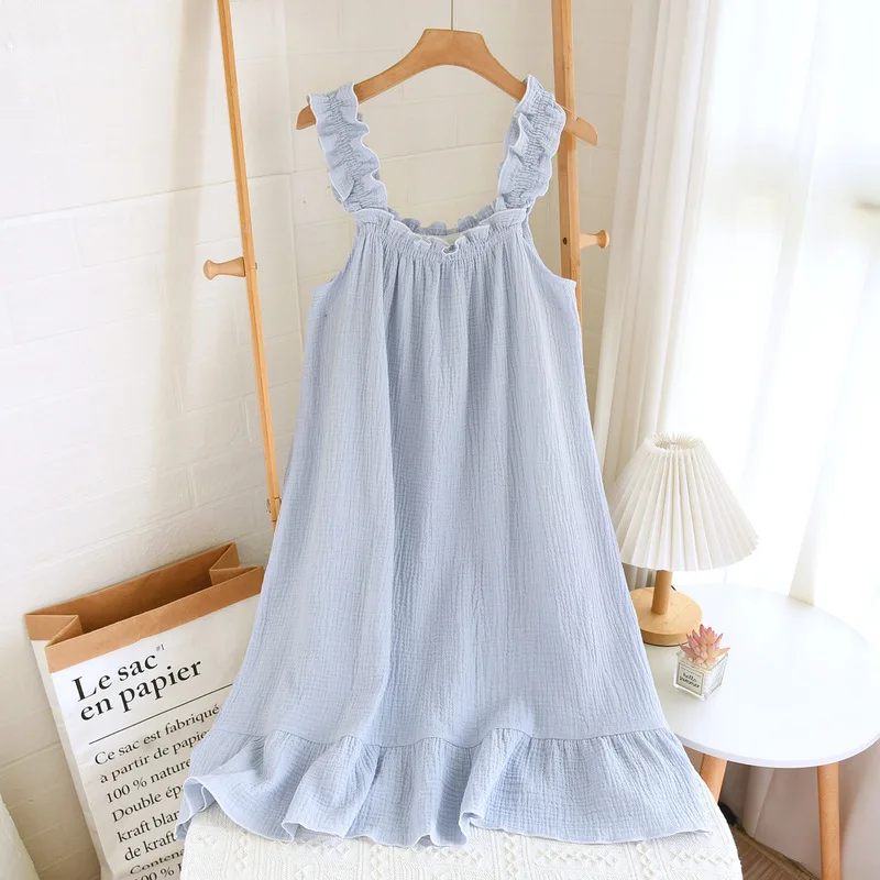 Sweet Cotton Gauze Women‘s Nightgown, Spaghetti Strap Midi Dress & Loose Fit, Breathable Lightweight Summer Home Loungewear - Image 2