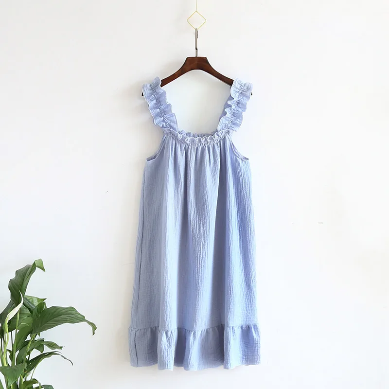 Sweet Cotton Gauze Women‘s Nightgown, Spaghetti Strap Midi Dress & Loose Fit, Breathable Lightweight Summer Home Loungewear - Image 6