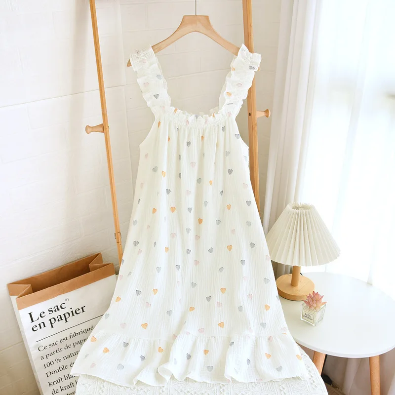 Sweet Cotton Gauze Women‘s Nightgown, Spaghetti Strap Midi Dress & Loose Fit, Breathable Lightweight Summer Home Loungewear - Image 3