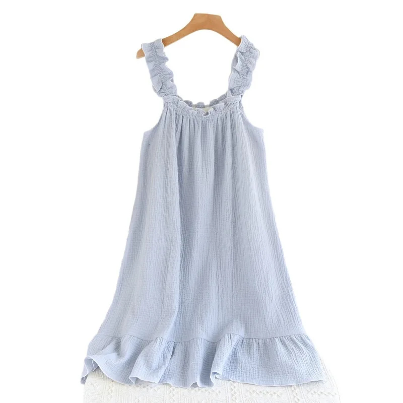 Sweet Cotton Gauze Women‘s Nightgown, Spaghetti Strap Midi Dress & Loose Fit, Breathable Lightweight Summer Home Loungewear - Image 5